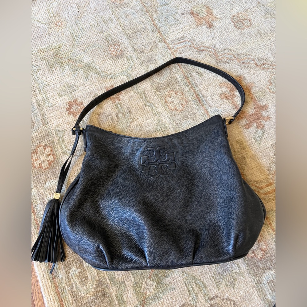 Tory Burch Black Pebbled Leather Shoulder Hobo with Tassel